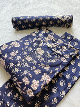 Navy Blue Floral Printed Kurti Neck Work Pant Dupatta Set