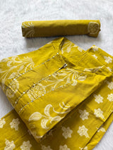Lemon Yellow Floral Printed Kurti Neck Work Pant Dupatta Set