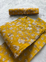 Mustard Yellow Floral Printed Kurti Neck Work Pant Dupatta Set