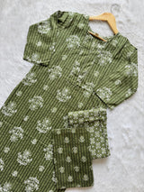 Olive Green Cotton Kurti Pant Dupatta Set for Women