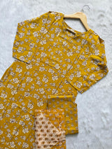 Mustard Yellow Floral Printed Kurti Neck Work Pant Dupatta Set