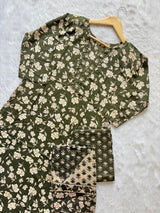 Olive Green Floral Printed Kurti Neck Work Pant Dupatta Set
