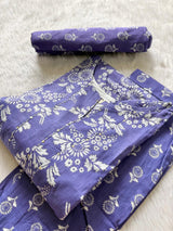 Lavender Floral Printed Cotton Kurti Pant Dupatta Set