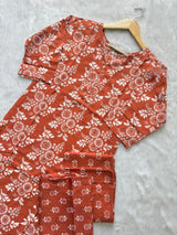 Rust Orange Floral Printed Cotton Kurti Pant Dupatta Set