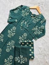 Teal Green Floral Printed Kurti Neck Work Pant Dupatta Set
