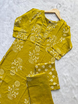 Lemon Yellow Floral Printed Kurti Neck Work Pant Dupatta Set