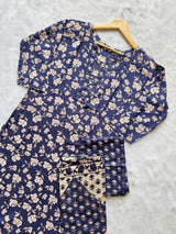 Navy Blue Floral Printed Kurti Neck Work Pant Dupatta Set