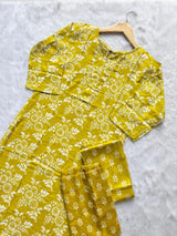 Yellow Floral Printed Cotton Kurti Pant Dupatta Set