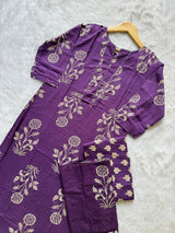 Purple Floral Printed Kurti Neck Work Pant Dupatta Set