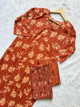 Cotton Rust Orange Floral Printed Kurti Pant Dupatta Set
