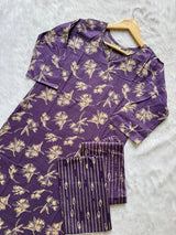 Cotton Purple Floral Printed Cotton Kurti Pant Dupatta Set