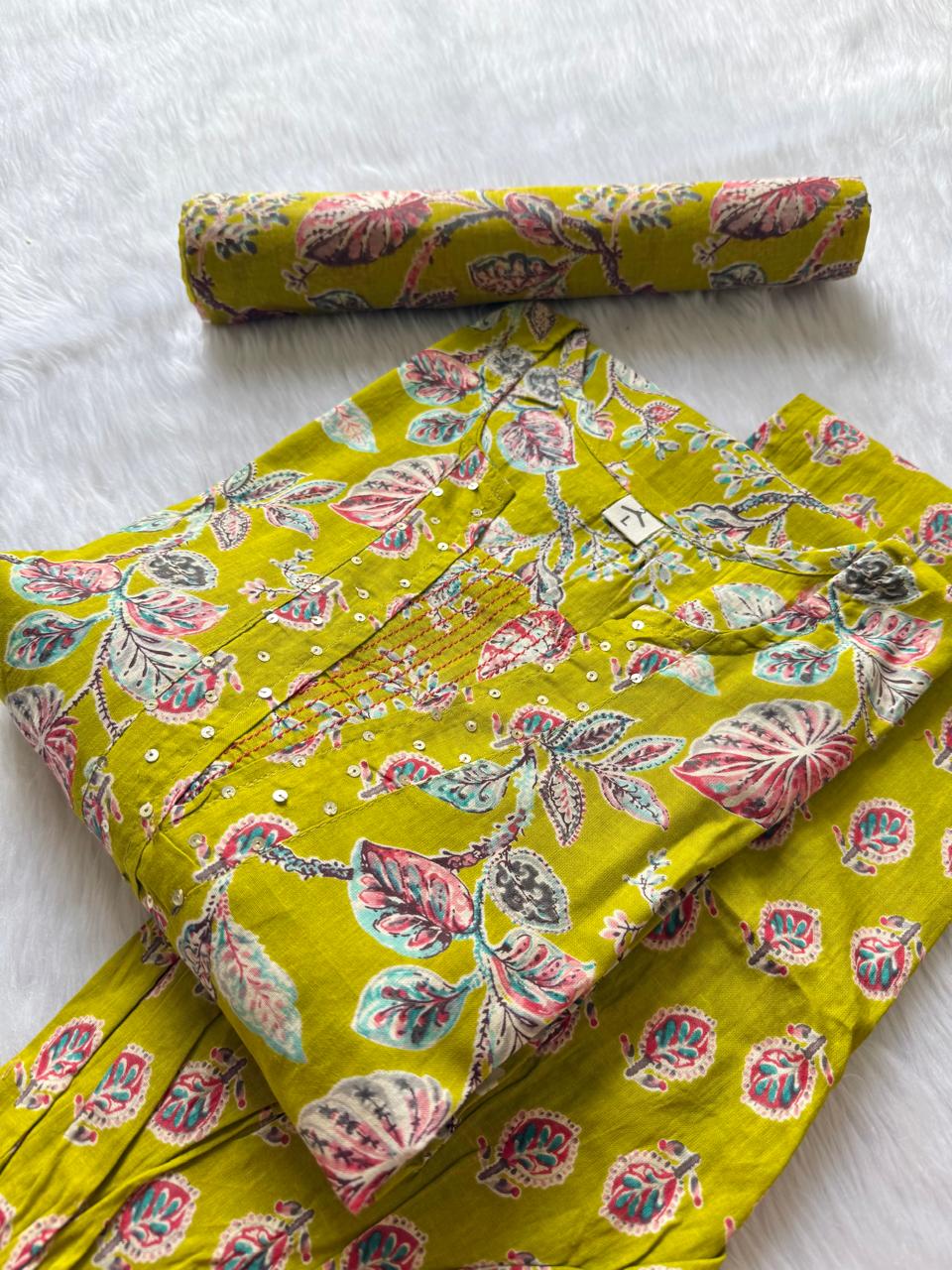 Lime Green Floral Printed Cotton Kurti Pant Dupatta Set