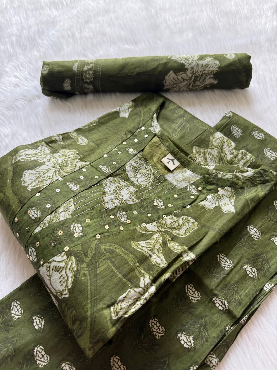 Olive Green Floral Printed Cotton Kurti Pant Dupatta Set
