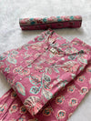 Cotton Rose Pink Floral Printed Cotton Kurti Pant Dupatta Set
