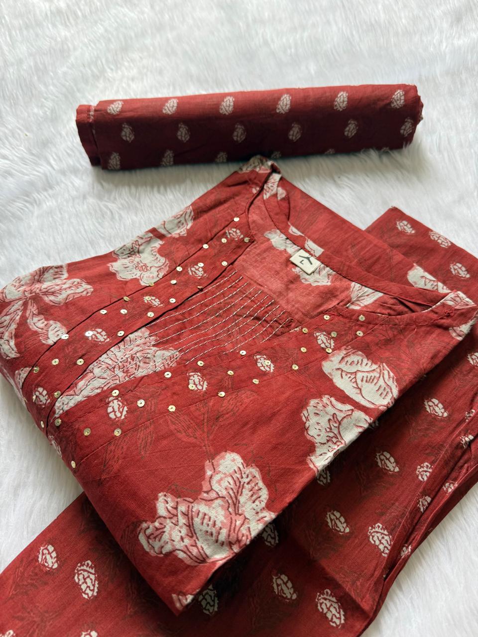 Rust Red Floral Printed Cotton Kurti Pant Dupatta Set