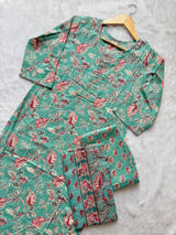 Sea Green Floral Printed Cotton Kurti Pant Dupatta Set