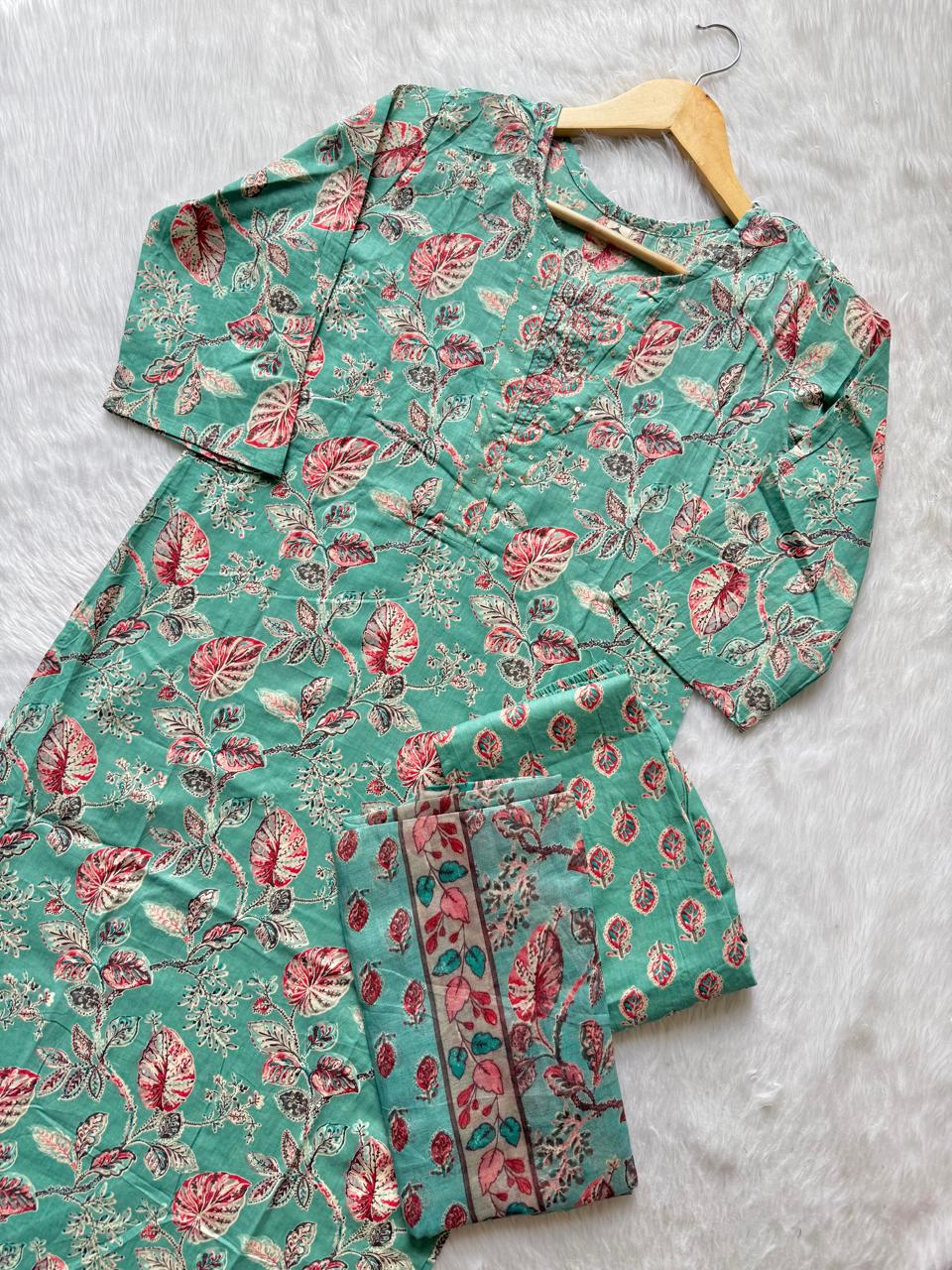 Sea Green Floral Printed Cotton Kurti Pant Dupatta Set