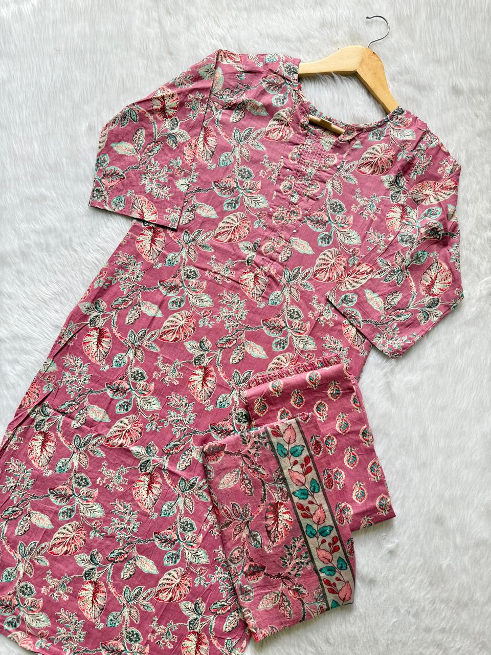 Cotton Rose Pink Floral Printed Cotton Kurti Pant Dupatta Set