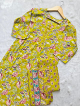 Lime Green Floral Printed Cotton Kurti Pant Dupatta Set