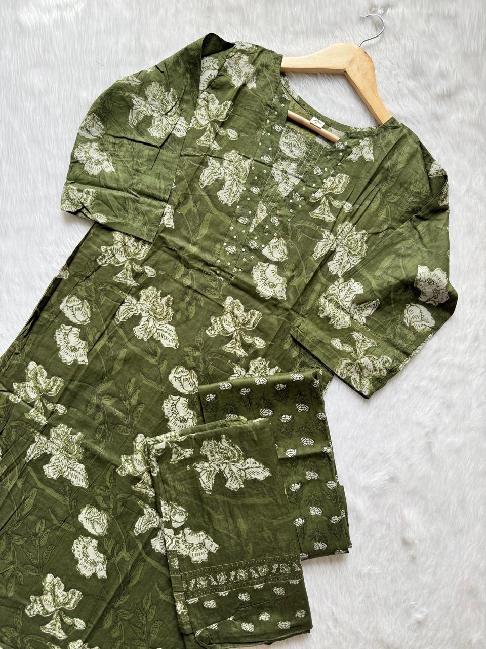 Olive Green Floral Printed Cotton Kurti Pant Dupatta Set