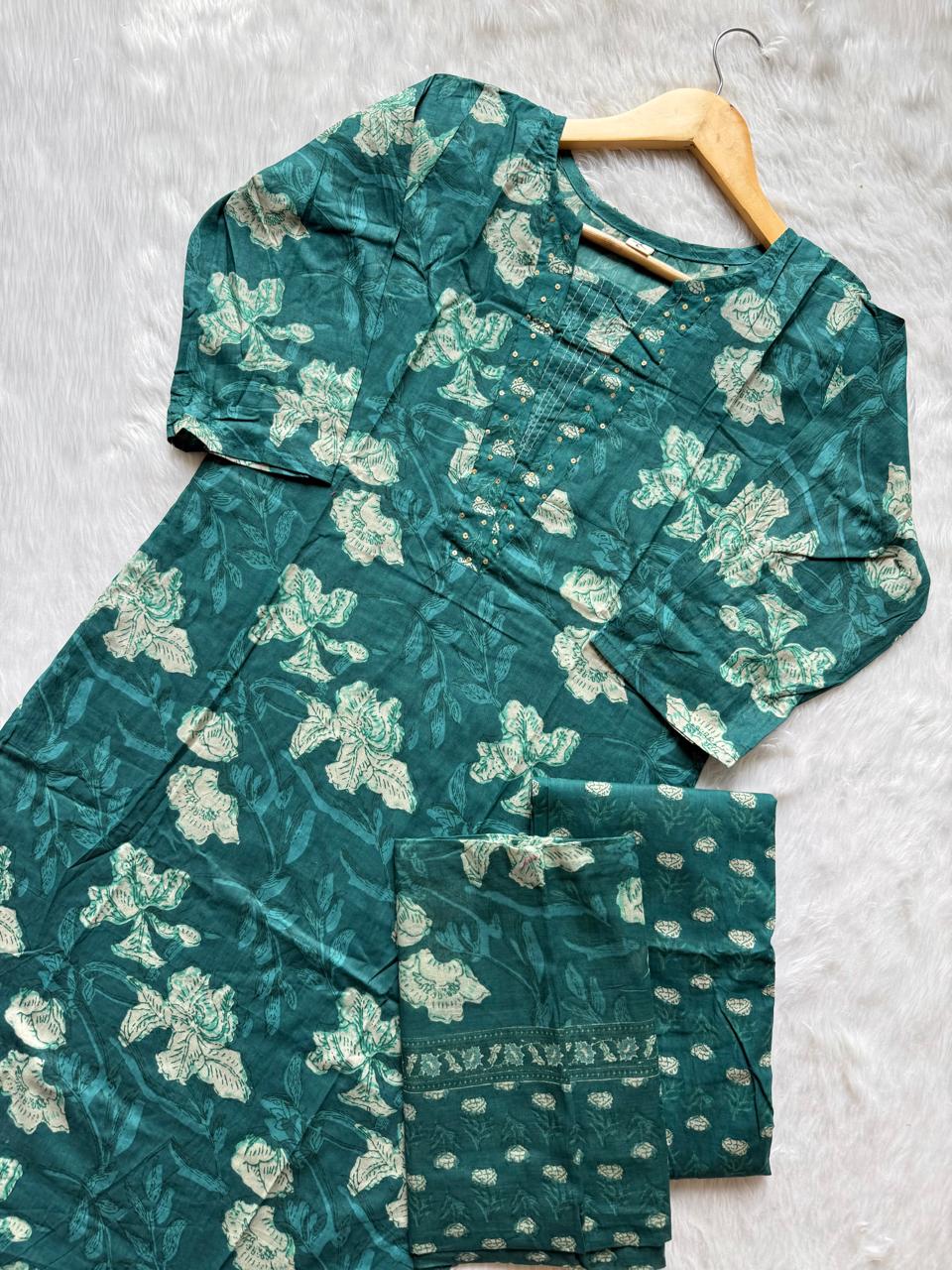 Teal Green Floral Printed Cotton Kurti Pant Dupatta Set