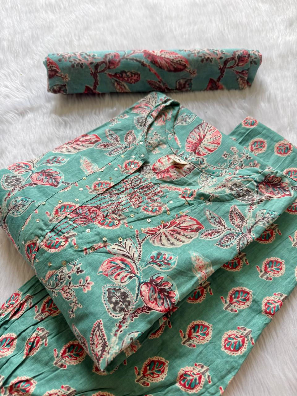 Sea Green Floral Printed Cotton Kurti Pant Dupatta Set