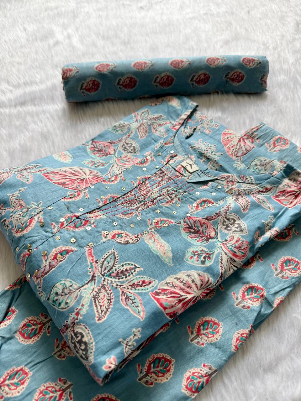 Sky Blue Floral Printed Cotton Kurti Pant Cotton Dupatta Set