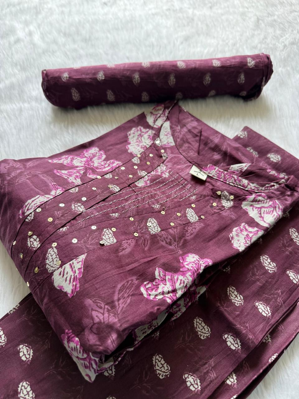 Plum Floral Printed Cotton Kurti Pant Dupatta Set