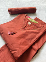 Rust Orange Embroidered Cotton Kurti Pant Dupatta Set