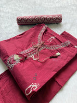Wine Pink Cotton Embroidered Kurta Pant with Printed Dupatta Set