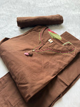 Chocolate Brown Embroidered Cotton Kurti Pant Dupatta Set