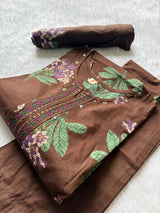 Chocolate Brown Floral Printed Cotton Kurti Pant Dupatta Set