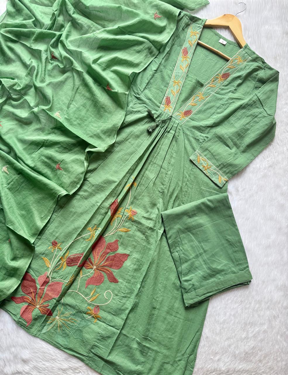 Pista Green Cotton Embroidered Umbrella Kurta Pant with Embroidered Dupatta Set