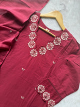 Wine Cotton Embroidered Kurta Pant with Dupatta Set for Women