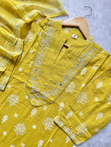 Yellow Cotton Embroidered Kurta Pant with Printed Dupatta Set for Women