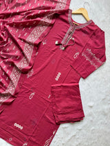 Wine Pink Cotton Embroidered Kurta Pant with Printed Dupatta Set