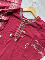 Wine Pink Cotton Embroidered Kurta Pant with Printed Dupatta Set