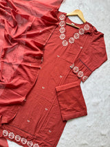 Rust Orange Cotton Embroidered Kurta Pant with Dupatta Set for Women