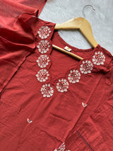 Rust Orange Cotton Embroidered Kurta Pant with Dupatta Set for Women
