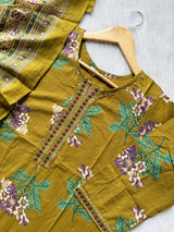 Mustard Floral Printed Cotton Kurti Pant Dupatta Set