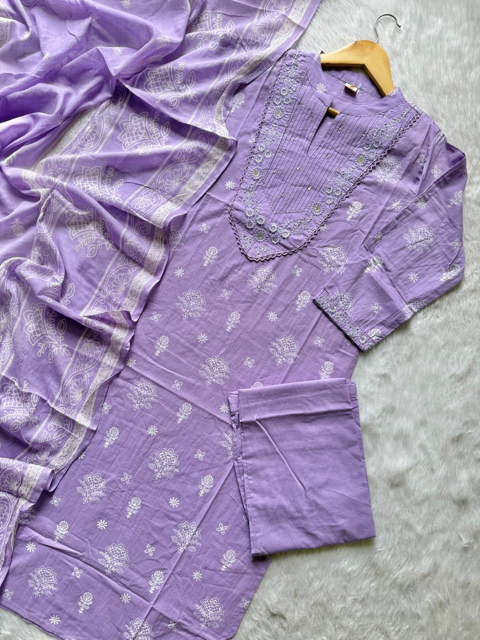 Lavender Purple Cotton Embroidered Kurta Pant with Printed Dupatta Set for Women