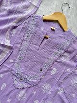 Lavender Purple Cotton Embroidered Kurta Pant with Printed Dupatta Set for Women