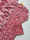 Rose Pink Cotton Printed Kurta Pant with Embroidered Neckline & Dupatta Set