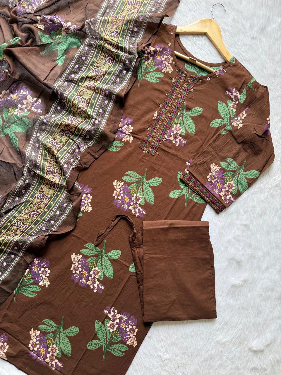 Chocolate Brown Floral Printed Cotton Kurti Pant Dupatta Set