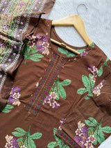 Chocolate Brown Floral Printed Cotton Kurti Pant Dupatta Set