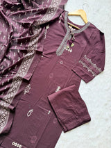 Wine Embroidered Cotton Kurta Pant & Dupatta Set