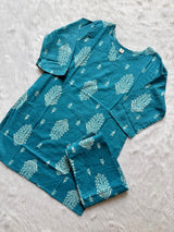 Teal Blue Printed Short Kurti Pant Set for Women