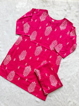Rani Pink Printed Short Kurti Pant Set for Women