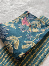 Teal-blue Green Floral Printed Kurti Pant Set with Neckline Work
