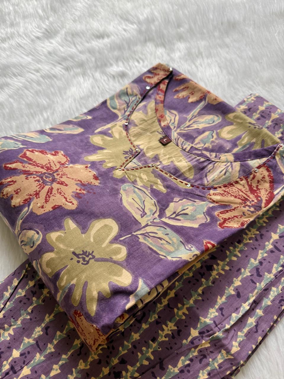 Purple Green Floral Printed Kurti Pant Set with Neckline Work